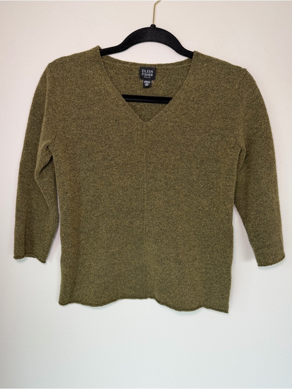 NWOT Eileen Fisher Wool Moss Green Petite 3/4 Sleeve Fairy Grunge Knit Top